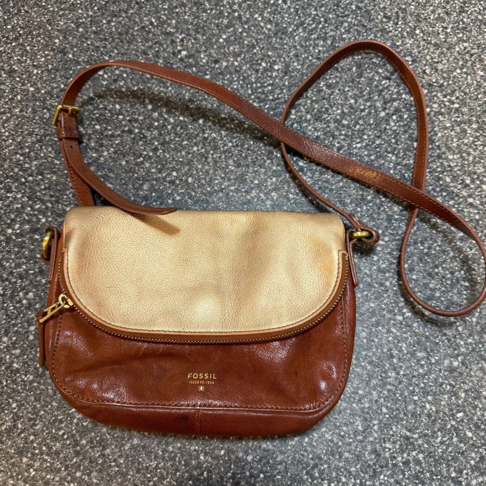 Fossil Brown Leather Metallic Gold Flap Crossbody Bag Brown Gold Boho Purse